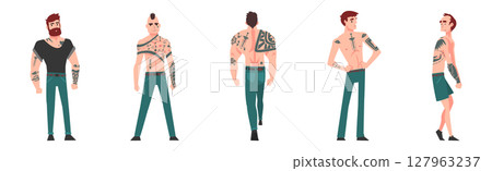 Tattooed or Inked Man Character in Standing Pose Vector Set 127963237