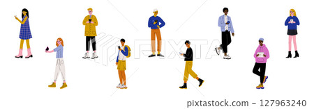 Young Man and Woman with Smartphone Gadget Vector Set 127963240