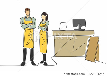 Single continuous line drawing a male and a female waiters wearing aprons standing side by side. Stand by near the cashier. Order and pay. School Lunch Hero Day. One line design vector illustration Single continuous line drawing a male and a female waiters wearing aprons standing side by side. Stand by near the cashier. Order and pay. School Lunch Hero Day. One line design vector illustration 127963244
