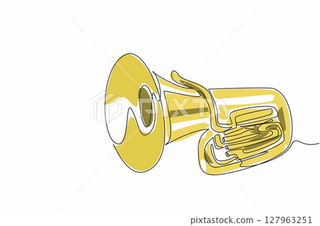 Single one line drawing tuba. A wind instrument made of metal. The tones differ due to the length and shape of the pipe. Entertainment. National Tuba Day. Continuous line design graphic illustration 127963251