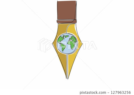 Single continuous line drawing the tip of the pen has a globe in the middle. Metaphor. Writing news to be known all over the world. Media. World Press Freedom Day. One line design vector illustration Single continuous line drawing the tip of the pen has a globe in the middle. Metaphor. Writing news to be known all over the world. Media. World Press Freedom Day. One line design vector illustration 127963256