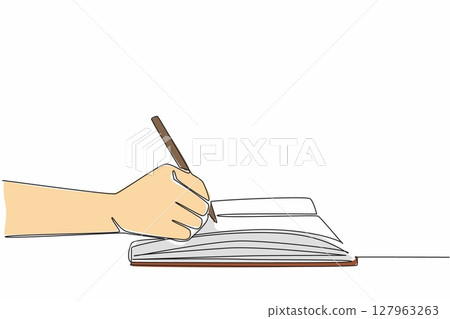 Continuous one line drawing hand writing using a pen on a thick book. Making prose. Romantic poems. Writing life stories. Author. Signature. Wordsmith Day. Single line draw design vector illustration 127963263