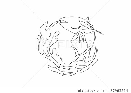 Single continuous line drawing tuna jumps and there is a water splash in the shape of a semicircle. Logo. Emblem. Badge. Related to fish and sea. World Tuna Day. One line design vector illustration 127963264