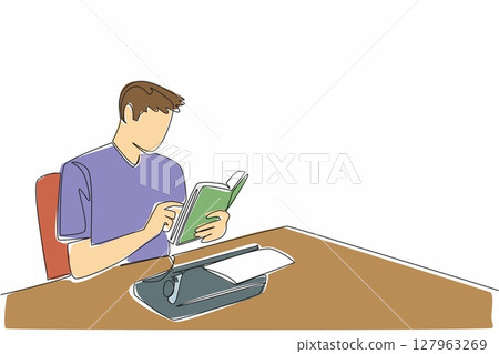 Single one line drawing man sitting holding a book and there is a typewriter with paper on it. Binding knowledge by taking notes. Writer. Wordsmith Day. Continuous line design graphic illustration Single one line drawing man sitting holding a book and there is a typewriter with paper on it. Binding knowledge by taking notes. Writer. Wordsmith Day. Continuous line design graphic illustration 127963269