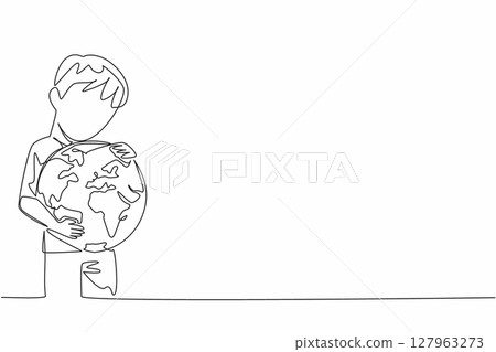 Single continuous line drawing the boy hugging globe. A symbol of keeping tightly. Not making air pollution. Protecting the earth from damage. Care. World Give Day. One line design vector illustration 127963273