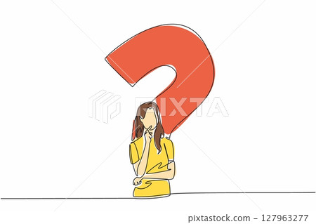 Continuous one line drawing woman with thinking gesture with big question mark background. Thinking out loud. Facing problems. National Day of Reason. Single line draw design vector illustration 127963277