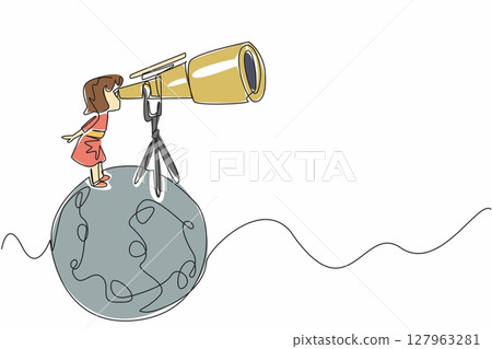 Continuous one line drawing little girl looking through giant telescope at the moon. Star cluster observer. Comet. Little scientist. National Space Day. Single line draw design vector illustration 127963281