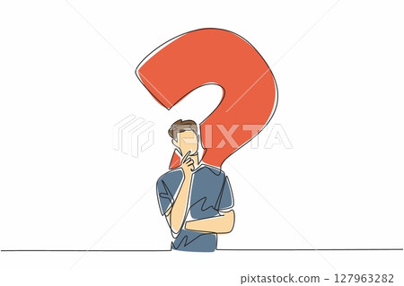 Single one line drawing man with thinking gesture with big question mark background. Thinking very hard to find a solution. Idea. National Day of Reason. Continuous line design graphic illustration 127963282