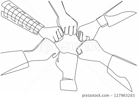 Single one line drawing 6 hands with different sleeve styles, clenching their fists together. Reaching consensus. Uniting spirit. Teamwork. Join Hands Day. Continuous line design graphic illustration 127963283