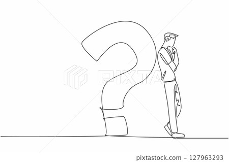 Single continuous line drawing man in casual clothes leaning his back against big question mark. Find the best solution. Get out of trouble. National Day of Reason. One line design vector illustration 127963293