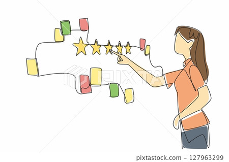 Single continuous line drawing woman points to a wall with lots of paper notes scattered around it. A symbolism gives a good review. Excellent. Write a Review Day. One line design vector illustration 127963299