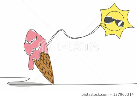 Continuous one line drawing ice cream cone melted and on top add the sun wearing sunglasses. Very hot weather symbol. Sweat. Shiny. International Sun Day. Single line draw design vector illustration 127963314
