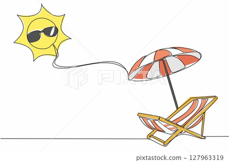 Single one line drawing beach chairs and beach umbrellas on top of which is the sun wearing sunglasses. Summer vacation. Relax. International Sun Day. Continuous line design graphic illustration 127963319