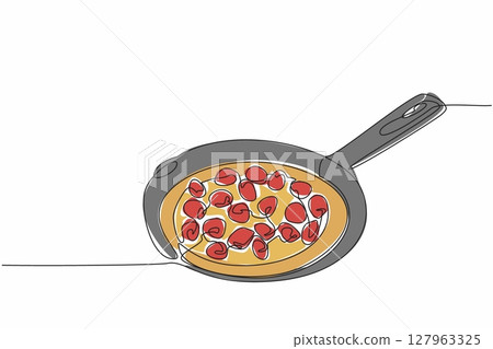 Single continuous line drawing raspberry popover with non stick pan container. High fiber dessert. Good for digestion. Homemade. National Raspberry Popover Day. One line design vector illustration Single continuous line drawing raspberry popover with non stick pan container. High fiber dessert. Good for digestion. Homemade. National Raspberry Popover Day. One line design vector illustration 127963325