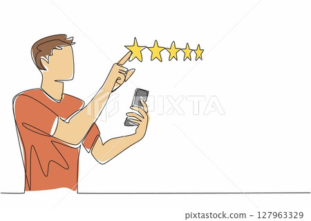 Continuous one line drawing man holds smartphone and other hand points to 1 star out of 5 stars. Honest evaluation based on experience. Write a Review Day. Single line draw design vector illustration 127963329