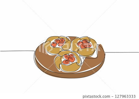 Single one line drawing 3 raspberry popovers on round wooden cutting board. Fresh from the oven. Sweet and sour refreshing. National Raspberry Popover Day. Continuous line design graphic illustration 127963333