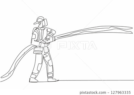 Continuous one line drawing firefighter standing holding a fire hose that sprays water. Focus on work. Prevent the spread. International Firefighters Day. Single line draw design vector illustration 127963335