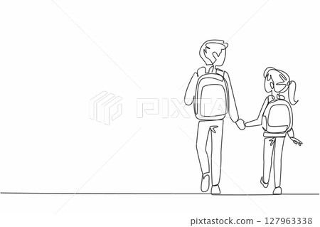 Single continuous line drawing older brother and younger sister carry bag walking. Older brother becomes the guardian of sibling. National Brothers and Sisters Day. One line design vector illustration Single continuous line drawing older brother and younger sister carry bag walking. Older brother becomes the guardian of sibling. National Brothers and Sisters Day. One line design vector illustration 127963338
