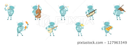 Robot Musician Character Playing Musical Instrument Vector Set 127963349