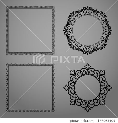 Set of decorative frames Elegant vector element for design in Eastern style, place for text. Floral black and gray borders. Lace illustration for invitations and greeting cards 127963405