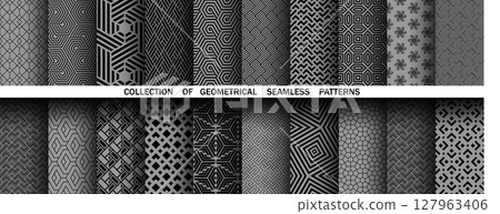 Geometric set of seamless black and gray patterns. Simple vector graphics 127963406