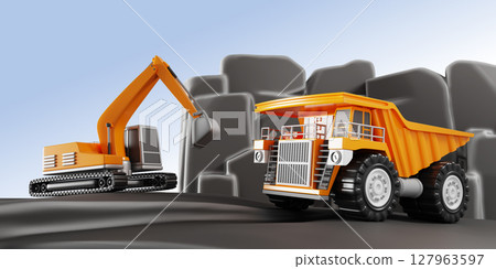 3d quarry mining with excavator and dump truck. Render cartoon landscape with heavy industrial machinery working in opencast. Coal or metal ore production in open pit mine. 3D illustration 127963597
