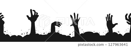 Zombie hand border, monster hand halloween silhouette rising arms. Halloween silhouette with clawed monster hands, ghostly figures, and evil shadows for scary vector banners and nightmarish scenes. Zombie hand border, monster hand halloween silhouette rising arms. Halloween silhouette with clawed monster hands, ghostly figures, and evil shadows for scary vector banners and nightmarish scenes. 127963641