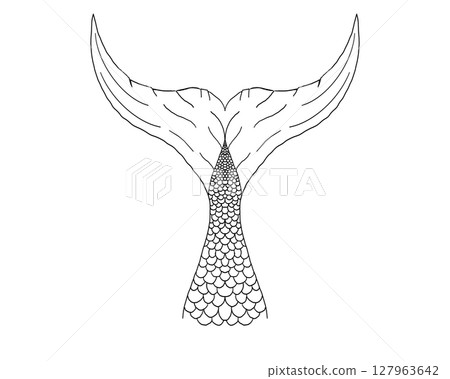 Hand-drawn mermaid tail illustration with wave lines and fantasy elements. Tattoo-style black outline for sea-inspired, feminine, or mythological vector projects. 127963642