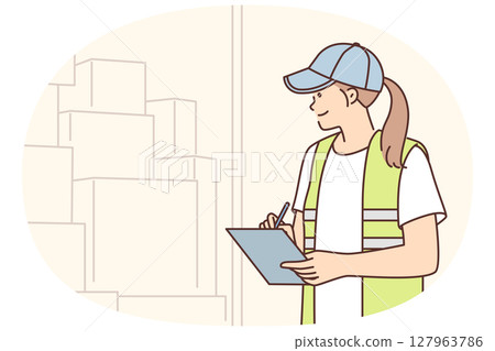 Warehouse manager woman doing inventory counting boxes in warehouse or truck and holding clipboard Warehouse manager woman doing inventory counting boxes in warehouse or truck and holding clipboard 127963786