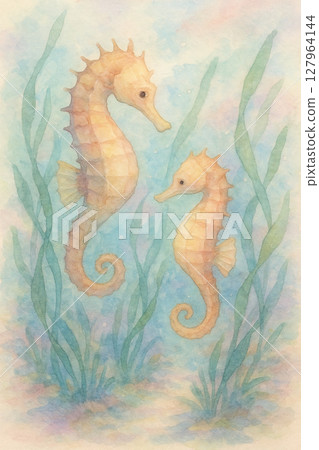 海馬親子插畫，海洋水彩風格，海底世界，海馬親子水彩插畫 127964144