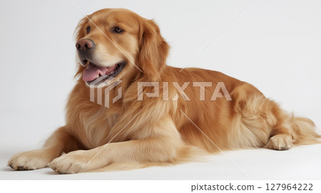 Golden dog resting on white background 127964222