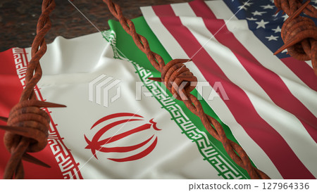 The American and Iran flag for war crisis concept 3d Rendering. The American and Iran flag for war crisis concept 3d Rendering. 127964336