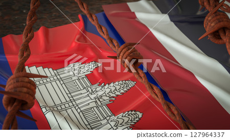 The Thailand and Cambodia flag for Land crisis concept 3d Rendering. The Thailand and Cambodia flag for Land crisis concept 3d Rendering. 127964337