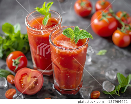 Two Glasses of Chilled Tomato Drink with Ice and Herbs. Two Glasses of Chilled Tomato Drink with Ice and Herbs. 127964451