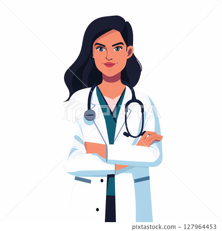 Confident Woman Doctor with Stethoscope, Flat Illustration. Confident Woman Doctor with Stethoscope, Flat Illustration. 127964453