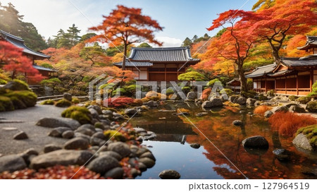 Beautiful scenery of a Japanese garden with autumn leaves reflected in the pond 127964519