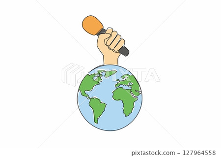 Single continuous line drawing hand holding reporter microphone above globe. Press freedom alliance. Delivering news to the whole world. World Press Freedom Day. One line design vector illustration 127964558