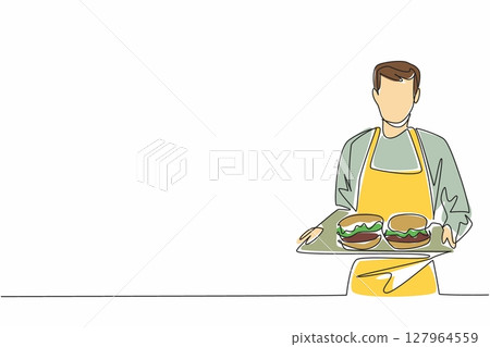 Continuous one line drawing male waitress wearing a yellow apron, both hands holding a tray of burgers. Orders will deliver to table. School Lunch Hero Day. Single line draw design vector illustration Continuous one line drawing male waitress wearing a yellow apron, both hands holding a tray of burgers. Orders will deliver to table. School Lunch Hero Day. Single line draw design vector illustration 127964559
