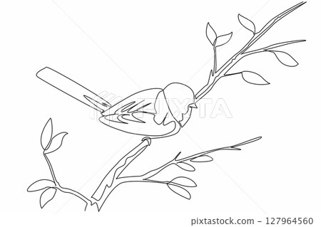 Continuous one line drawing long tailed tit perched on a tree branch. The smallest and cutest bird in Europe. The songbird. International Dawn Chorus Day. Single line draw design vector illustration 127964560