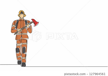 Single continuous line drawing firefighter in full uniform walking while carrying an axe. Glass breaking tools. Helping victims. International Firefighters Day. One line design vector illustration Single continuous line drawing firefighter in full uniform walking while carrying an axe. Glass breaking tools. Helping victims. International Firefighters Day. One line design vector illustration 127964561