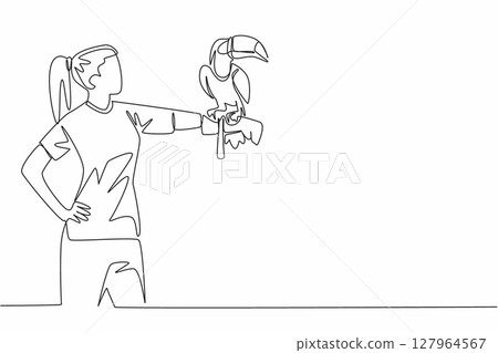Continuous one line drawing toucan bird perched on hand of woman. Large billed tropical birds live in tropical forests. Eating insects. Woman Holding Bird. Single line draw design vector illustration 127964567