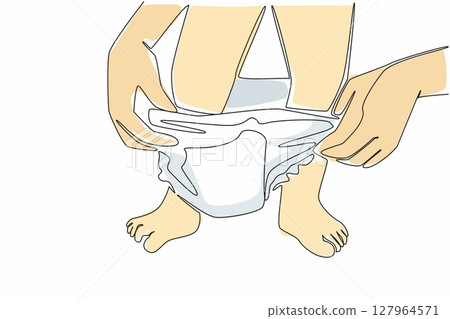 Single one line drawing hand of mother holding diaper putting a diaper on her baby. Change diapers frequently for cleanliness. Kids In Need Of Diapers Day. Continuous line design graphic illustration 127964571