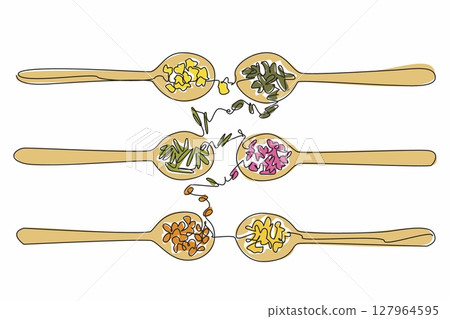 Single one line drawing 6 wooden spoons filled with various herbs. Already dried. Can feel the benefits directly. Healthy raw materials. National Herb Day. Continuous line design graphic illustration 127964595