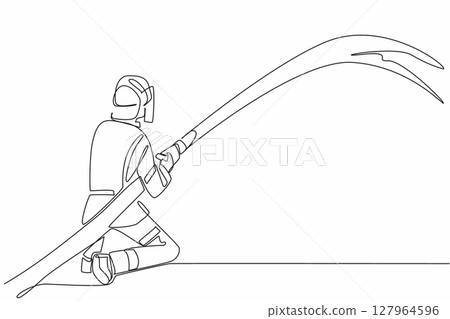 Continuous one line drawing firefighter squats while holding a fire hose that sprays water. Pouring water on the hot part. International Firefighters Day. Single line draw design vector illustration 127964596
