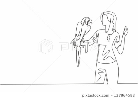 Single one line drawing blue gold macaw parrot perched on hand of woman. Large parrot with long tail feathers. Grain eaters. Pets. Woman Holding Bird. Continuous line design graphic illustration 127964598