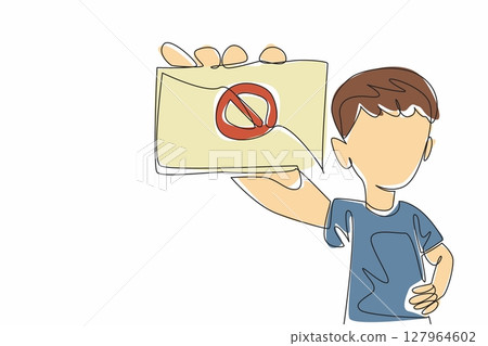 Continuous one line drawing girl raises hand holding paper with forbidden sign. Stop arbitrariness. Stop bullying in schools. No bully. Anti Bullying Day. Single line draw design vector illustration 127964602