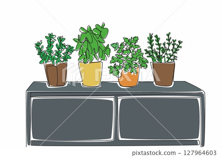 Continuous one line drawing 4 pots containing various plants on top of cupboard. Herbal plants. As complementary supplement to medicine. National Herb Day. Single line draw design vector illustration 127964603