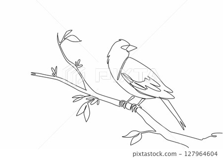 Single one line drawing yellow headed blackbird perched on a tree branch with leaves. Beautiful morning. Little bird songs. International Dawn Chorus Day. Continuous line design graphic illustration 127964604
