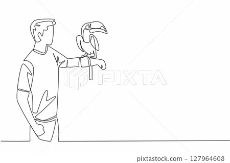Single one line drawing toucan bird perched on hand of man. The most attractive bird in the zoo. Long orange beak. Not good at flying. Man Holding Bird. Continuous line design graphic illustration Single one line drawing toucan bird perched on hand of man. The most attractive bird in the zoo. Long orange beak. Not good at flying. Man Holding Bird. Continuous line design graphic illustration 127964608