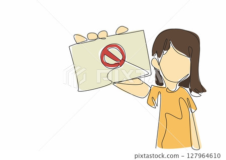 Continuous one line drawing girl raises hand holding paper with forbidden sign. Anti bullying campaign in schools. Make more friends. Anti Bullying Day. Single line draw design vector illustration 127964610